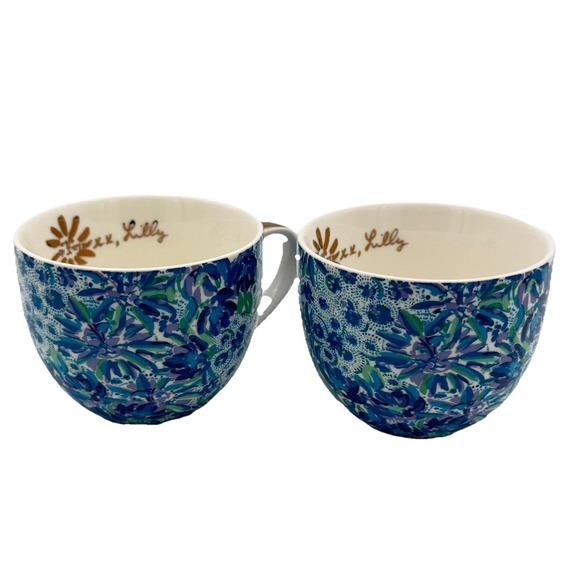 Lilly Pulitzer Ceramic Mugs Set of 2 Blue Floral Paisley Gold Handles 12oz NEW - Picture 10 of 16